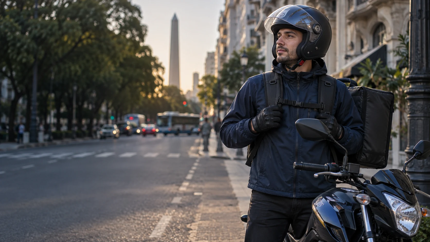 Repartidor con casco y mochila junto a su moto en Buenos Aires